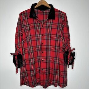 John‎ Mark Plaid Velvet Tunic Shirt Size M Red Button up Cinch Sleeve